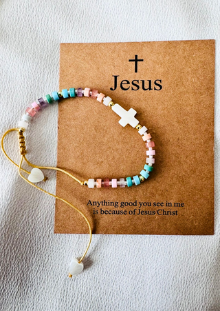 Mother of Pearl Cross Bracelet with Tiny Heart and Jesus card (MOQ-5)RTS-W