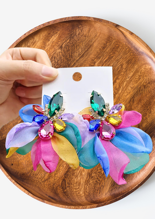 Multicolored Fabric Petals Crystal Earring