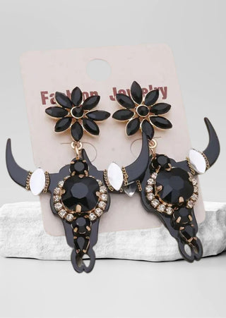 Western Bull Head Crystal Earring (Black)