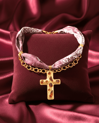 Wine Color Patterned Fabric Choker with Gold Cross Pendant-W