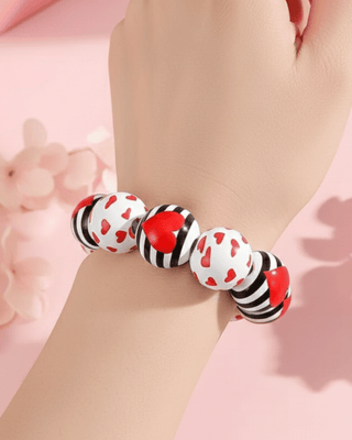 Valentine's Red Heart & Black Striped Chunky Beaded Bracelet-W