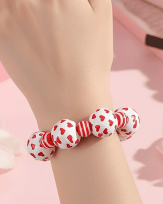 Valentine's Red Heart & Striped Chunky Beaded Bracelet-W