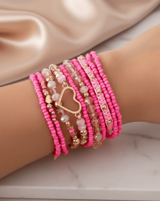 Valentine's Hot Pink with a Gold Heart Bracelet (Stack of 10)-W