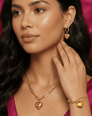 Valentine's day Gold Heart Charm Necklace, Earring & Bracelet Set-W