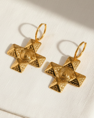 Boho Gold Cross Charm Earring-W