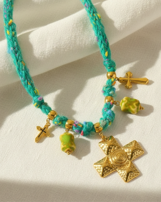 Boho Gold Cross Charm Necklace(Green)-W