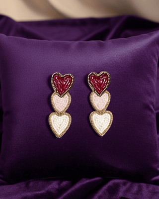 Valentine's Triple Love Beaded Heart Earrings(Red)-W