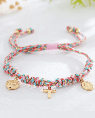 Gold Cross Charm Light Pastel Braded Bracelet-W