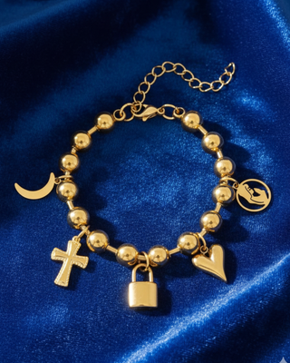 Gold Charm Bead Bracelet with Lock, Moon, Cross, Heart Charms-W
