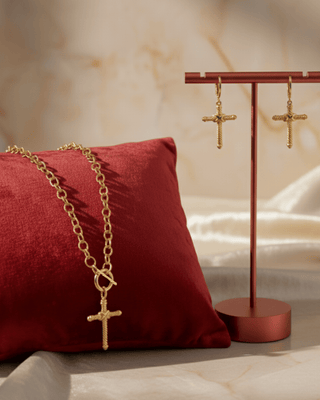 Gold Boho Cross Necklace with Earring Set-W