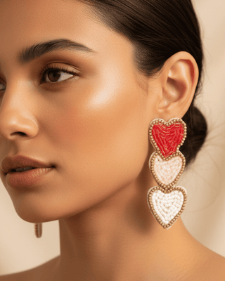 Triple Love Beaded Heart Earrings(Red)-W
