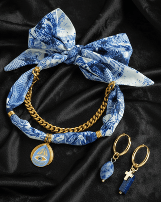 Silk Bow Necklace with Gold Chain & Evil Eye Charm with Drop Earrings (Blue)-W