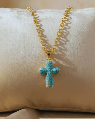 Crystal Blue Cross Charm in Gold Paper Clip Necklace-W