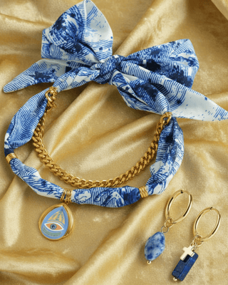 Spring Scarf Chain Evil Eye Necklace & Earring Set Blue-W