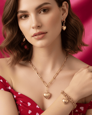 Valentine's day Gold Heart Charm Necklace, Earring & Bracelet Set-W