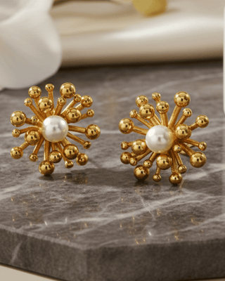 Golden Starburst Studs with a Pearl-W