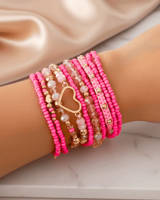 Valentine's Pastel Pink with a Gold Heart Bracelet (Stack of 10)-W
