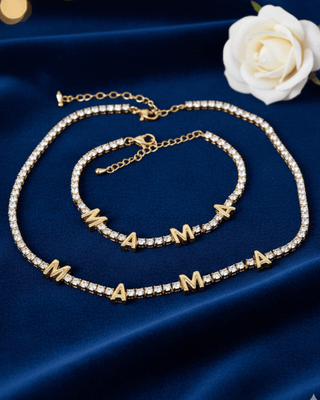 "MAMA" Rhinestone Necklace and Bracelet Set-W