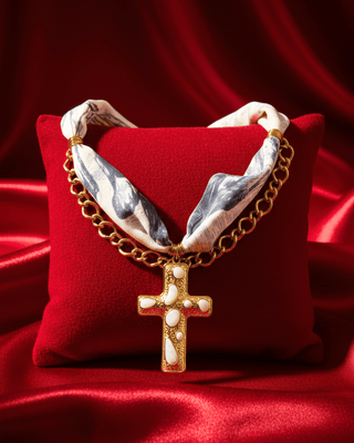 White and Grey Pattern Fabric Choker with Gold Cross Pendant-W