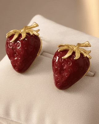 Spring Strawberry Stud With Gold Leaf Earring-W
