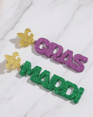 "Mardi Gras" Glitter Letter Dangles-W