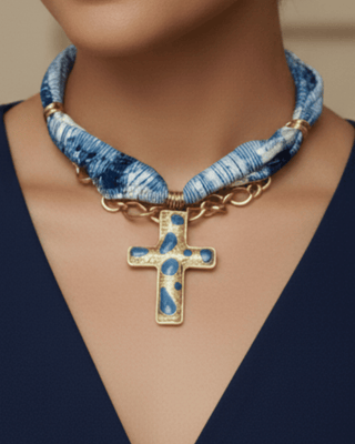 Faith Scarf Chain & Gold Enamle Cross Necklace Blue-W