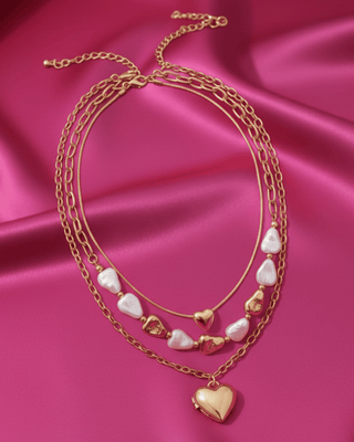 Valentine's Boho Pearl Hearts Golden Necklace-W