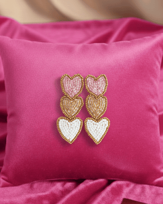 Valentine's Triple Love Beaded Heart Earrings (Light Pink)-W