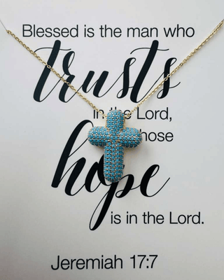 Crystal Blue Cross Charm in Gold Chain Necklace-W