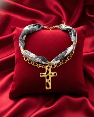 Black and Grey Pattern Fabric Choker with Gold Cross Pendant-W