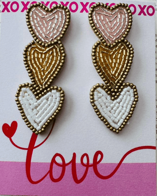 Valentine's Triple Love Beaded Heart Earrings (Light Pink)-W