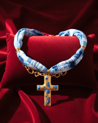 Blue Pattern Fabric Choker with Gold Cross Pendant-W