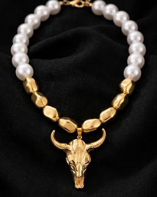Western Gold & Pearl Look Chunky Bead Steer Skull Necklace-W