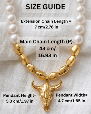 Western Gold & Pearl Look Chunky Bead Steer Skull Necklace-W