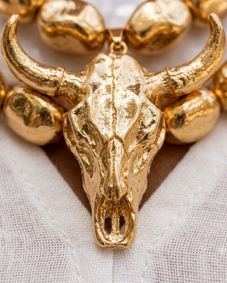 Western Gold & Pearl Look Chunky Bead Steer Skull Necklace-W