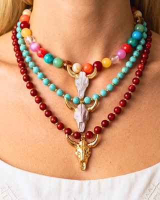Western Colorful Chunky Bead Steer Skull Pendant Necklace-W