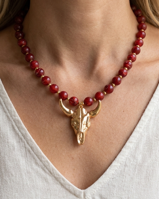 Western Colorful Chunky Bead Steer Skull Pendant Necklace-W