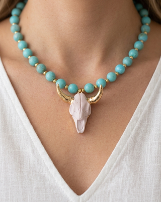 Western Colorful Chunky Bead Steer Skull Pendant Necklace-W
