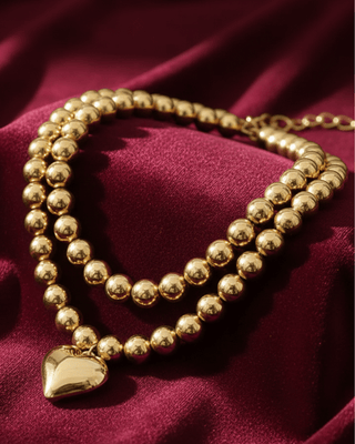 Valentines Day Gold Beaded Heart Charm Necklace-W