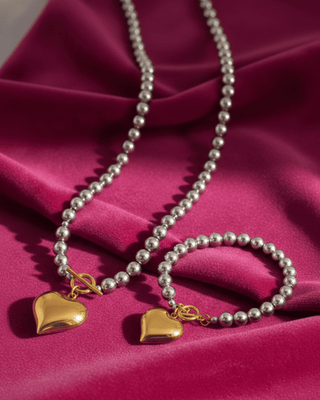 Valentine's Silver beaded Gold Charm Necklace & Bracelet Set-W