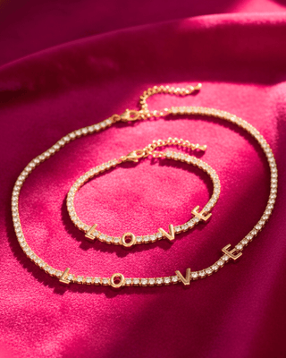 "LOVE" Rhinestone Necklace and Bracelet Set-W