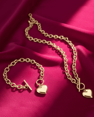 Valentine's Gold Heart Charm Paperclip Chain Necklace & Bracelet Set-W