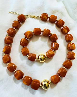 Fall Chunky Bead Necklace & Bracelet Burnt Orange-W