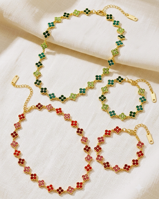 Crystal Flower Shaped Bead Adjustable Necklace & Bracelet Set-W