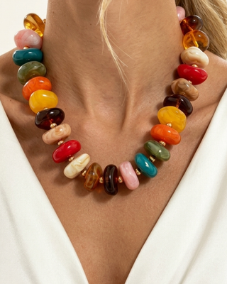 Pre-Order Fall Color Chunky Beads with Gold Accents Necklace & Bracelet Set-W