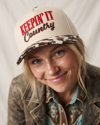Keepin' It Country Embroidered Cow Print Cap-W