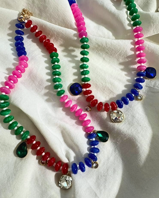 Multicolor Beaded Rhinestone Charm Statement Necklace-W