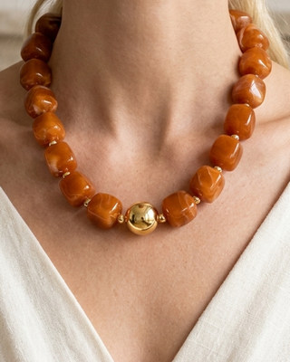 Fall Chunky Bead Necklace & Bracelet Burnt Orange-W