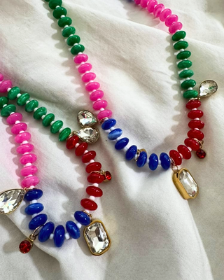 Multicolor Beaded Rhinestone Charm Statement Necklace-W