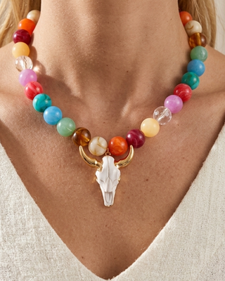 Western Chunky Beaded Necklace with White Steer Skull Pendant - W